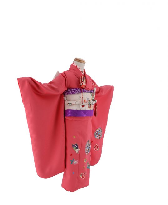 七五三 3歳 女の子用  三つ身 No.210 Y | 濃いピンク色 毬に蝶 桜刺繍
